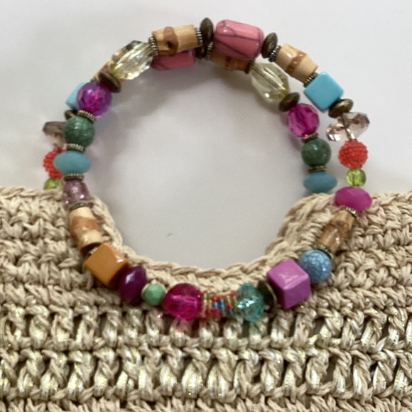 Cappelli Straworld Purse Handbag Round Beaded Jewel Handles Beige/Gold Lined - Picture 7 of 14